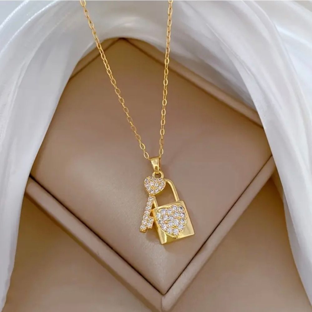 18K Gold Plated Diamond Lock & Heart Key Pendant Necklace